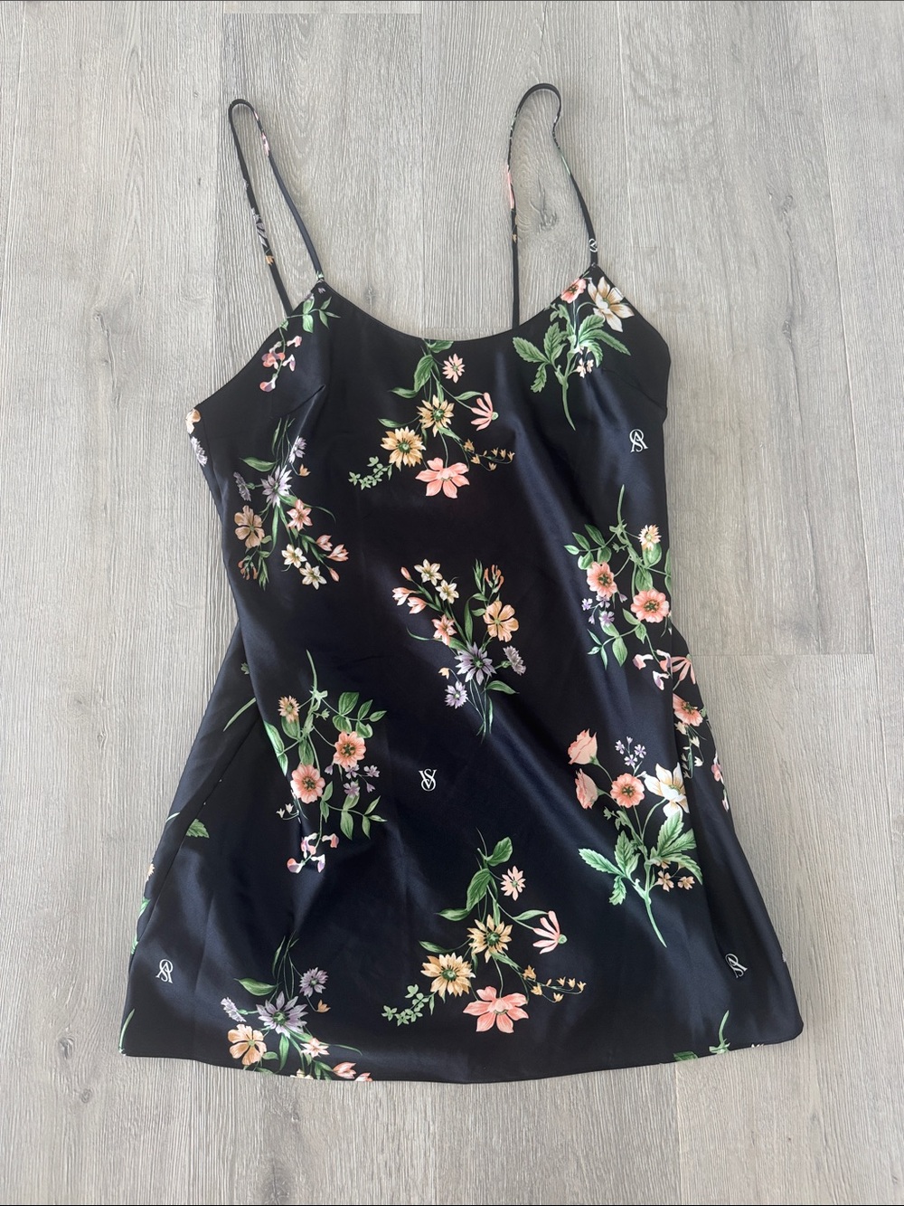 Victoria's Secret Black Satin Floral Slip with Pink & Green Blooms